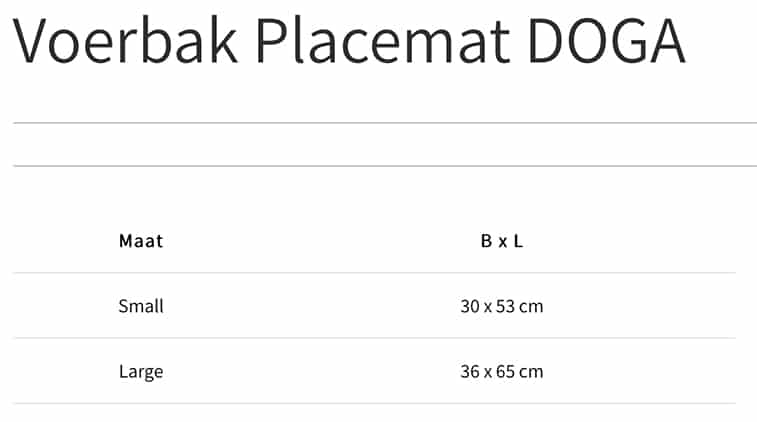 Size guide voerbak placemat DOGA