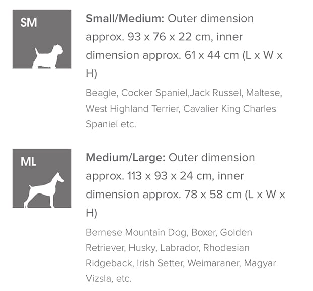 Size guide hondenmand Barca Miacara