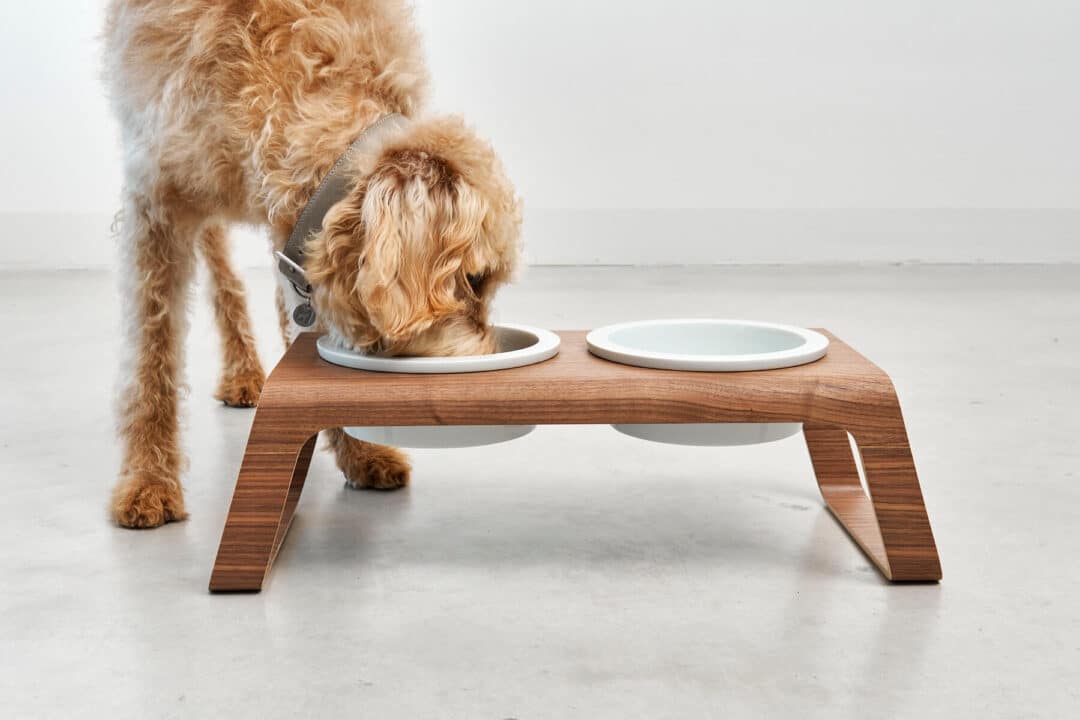 Moderne houten hondenvoerbak Desco Walnut